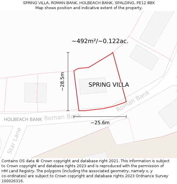 SPRING VILLA, ROMAN BANK, HOLBEACH BANK, SPALDING, PE12 8BX: Plot and title map