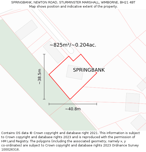 SPRINGBANK, NEWTON ROAD, STURMINSTER MARSHALL, WIMBORNE, BH21 4BT: Plot and title map