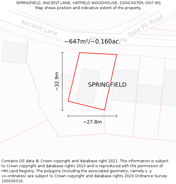 SPRINGFIELD, ANCIENT LANE, HATFIELD WOODHOUSE, DONCASTER, DN7 6PJ: Plot and title map