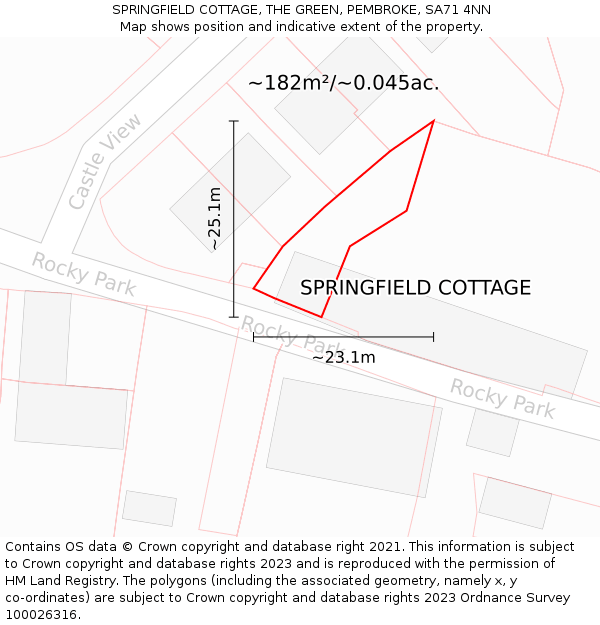 SPRINGFIELD COTTAGE, THE GREEN, PEMBROKE, SA71 4NN: Plot and title map