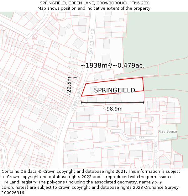 SPRINGFIELD, GREEN LANE, CROWBOROUGH, TN6 2BX: Plot and title map