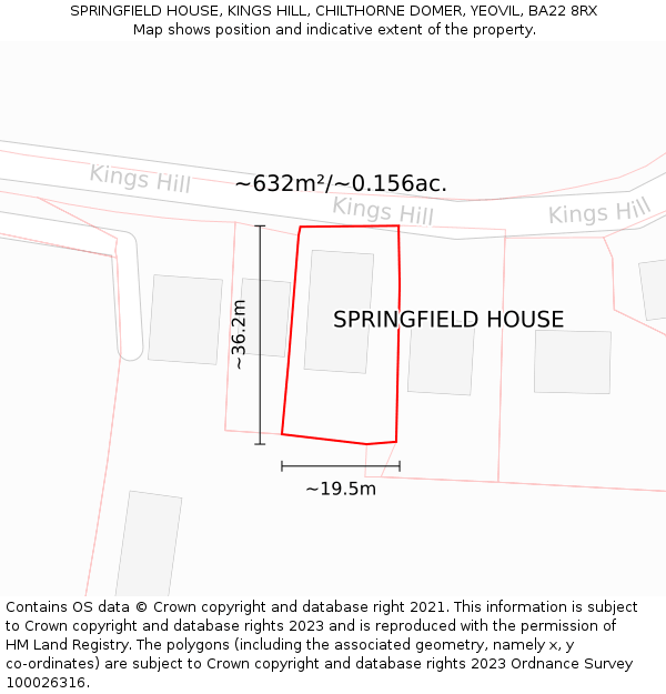 SPRINGFIELD HOUSE, KINGS HILL, CHILTHORNE DOMER, YEOVIL, BA22 8RX: Plot and title map