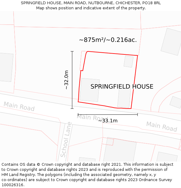 SPRINGFIELD HOUSE, MAIN ROAD, NUTBOURNE, CHICHESTER, PO18 8RL: Plot and title map