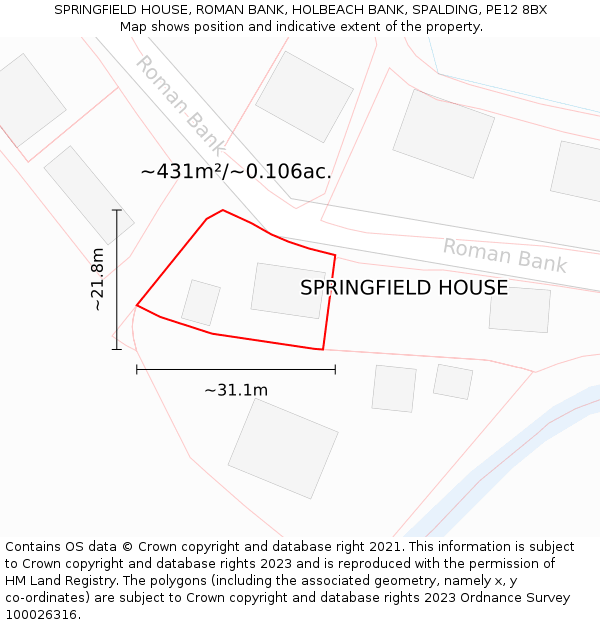 SPRINGFIELD HOUSE, ROMAN BANK, HOLBEACH BANK, SPALDING, PE12 8BX: Plot and title map