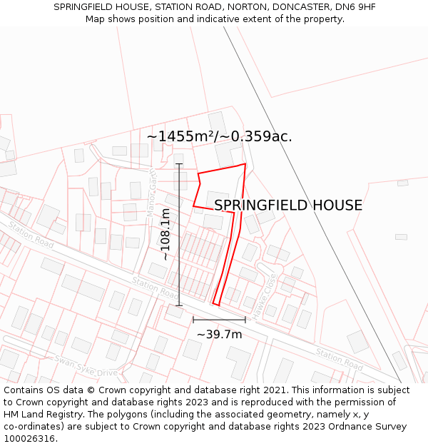 SPRINGFIELD HOUSE, STATION ROAD, NORTON, DONCASTER, DN6 9HF: Plot and title map