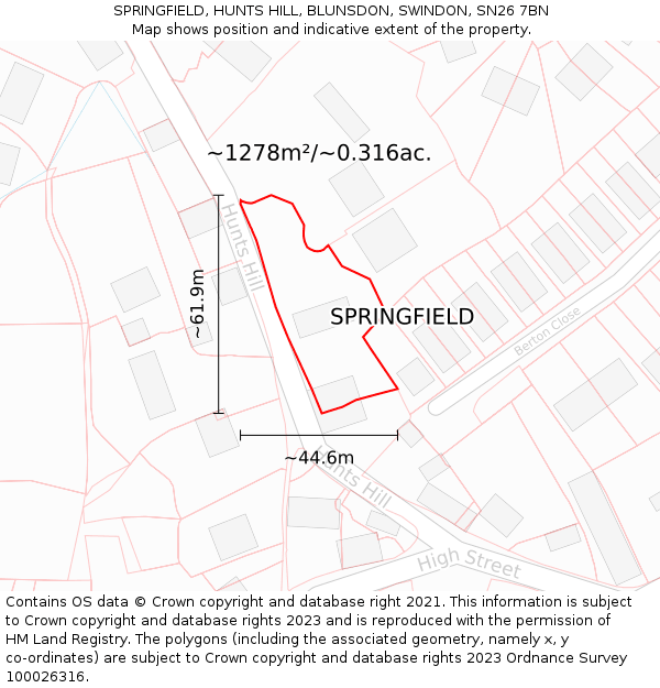 SPRINGFIELD, HUNTS HILL, BLUNSDON, SWINDON, SN26 7BN: Plot and title map