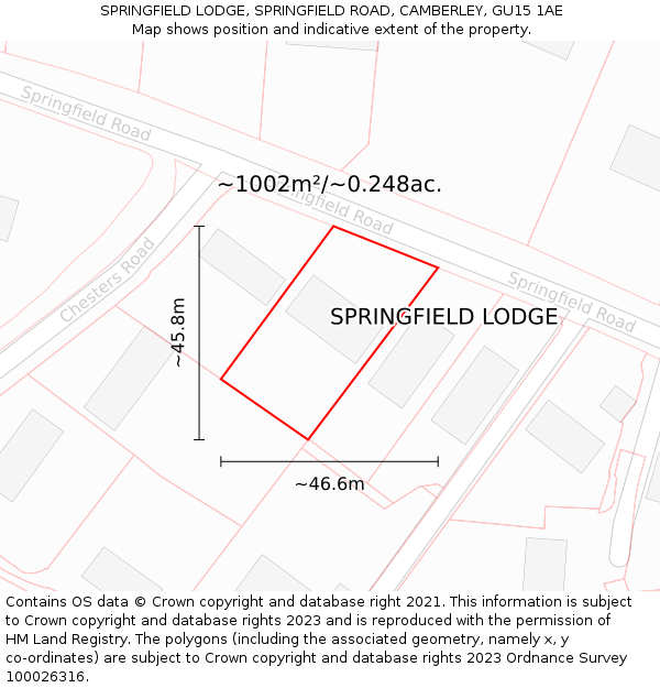 SPRINGFIELD LODGE, SPRINGFIELD ROAD, CAMBERLEY, GU15 1AE: Plot and title map