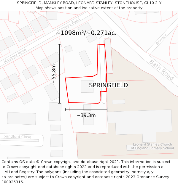 SPRINGFIELD, MANKLEY ROAD, LEONARD STANLEY, STONEHOUSE, GL10 3LY: Plot and title map