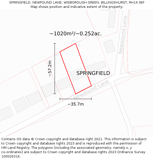 SPRINGFIELD, NEWPOUND LANE, WISBOROUGH GREEN, BILLINGSHURST, RH14 0EF: Plot and title map