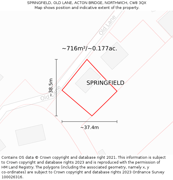 SPRINGFIELD, OLD LANE, ACTON BRIDGE, NORTHWICH, CW8 3QX: Plot and title map