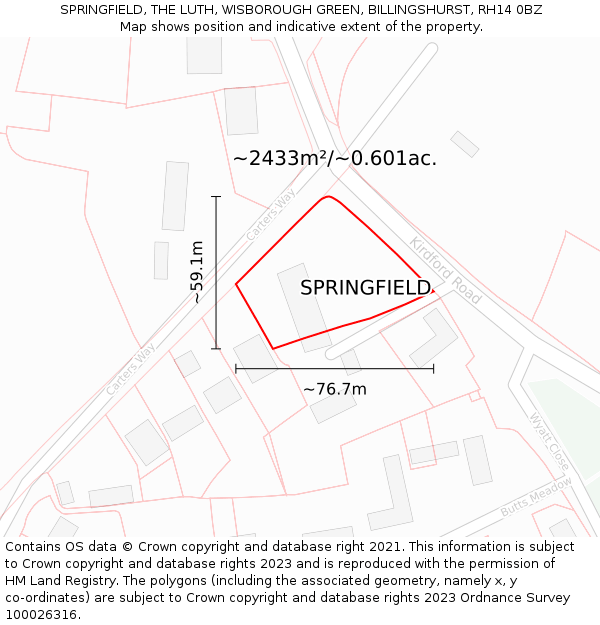 SPRINGFIELD, THE LUTH, WISBOROUGH GREEN, BILLINGSHURST, RH14 0BZ: Plot and title map