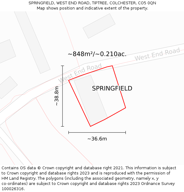 SPRINGFIELD, WEST END ROAD, TIPTREE, COLCHESTER, CO5 0QN: Plot and title map
