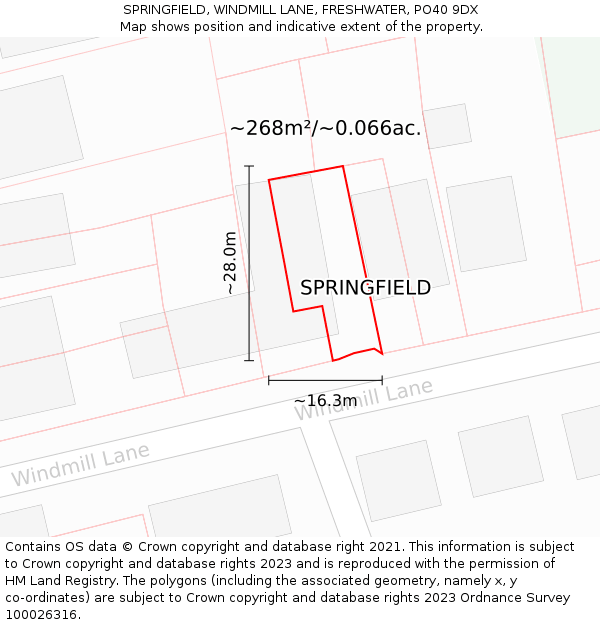 SPRINGFIELD, WINDMILL LANE, FRESHWATER, PO40 9DX: Plot and title map