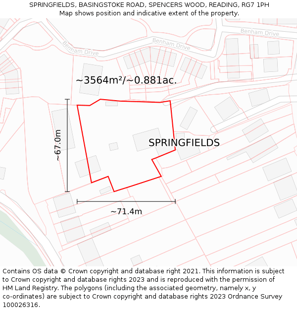 SPRINGFIELDS, BASINGSTOKE ROAD, SPENCERS WOOD, READING, RG7 1PH: Plot and title map