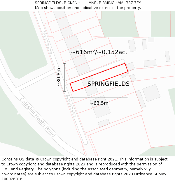 SPRINGFIELDS, BICKENHILL LANE, BIRMINGHAM, B37 7EY: Plot and title map