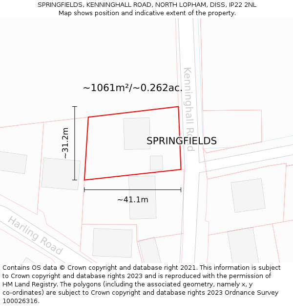 SPRINGFIELDS, KENNINGHALL ROAD, NORTH LOPHAM, DISS, IP22 2NL: Plot and title map