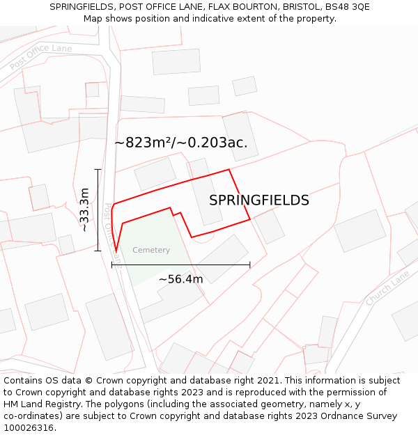 SPRINGFIELDS, POST OFFICE LANE, FLAX BOURTON, BRISTOL, BS48 3QE: Plot and title map