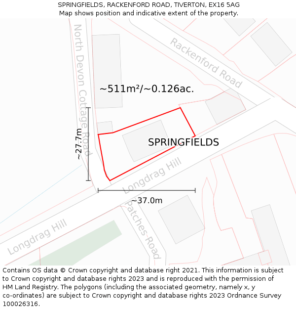 SPRINGFIELDS, RACKENFORD ROAD, TIVERTON, EX16 5AG: Plot and title map