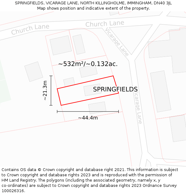 SPRINGFIELDS, VICARAGE LANE, NORTH KILLINGHOLME, IMMINGHAM, DN40 3JL: Plot and title map