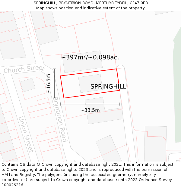 SPRINGHILL, BRYNTIRION ROAD, MERTHYR TYDFIL, CF47 0ER: Plot and title map