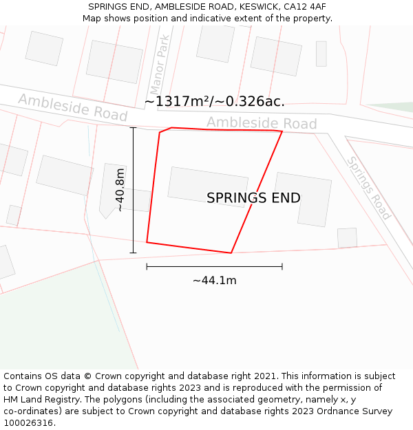SPRINGS END, AMBLESIDE ROAD, KESWICK, CA12 4AF: Plot and title map