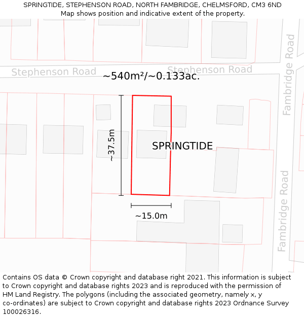 SPRINGTIDE, STEPHENSON ROAD, NORTH FAMBRIDGE, CHELMSFORD, CM3 6ND: Plot and title map