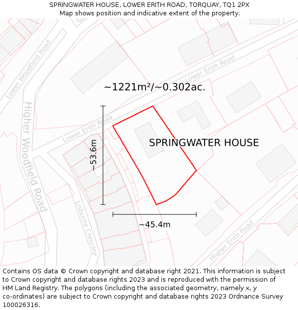 SPRINGWATER HOUSE, LOWER ERITH ROAD, TORQUAY, TQ1 2PX: Plot and title map