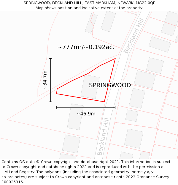 SPRINGWOOD, BECKLAND HILL, EAST MARKHAM, NEWARK, NG22 0QP: Plot and title map