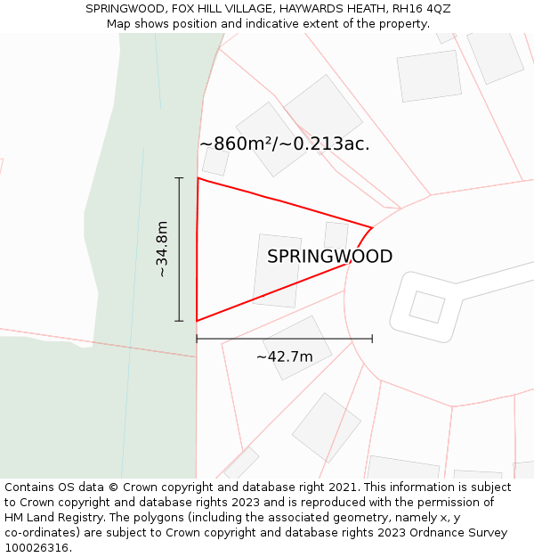 SPRINGWOOD, FOX HILL VILLAGE, HAYWARDS HEATH, RH16 4QZ: Plot and title map