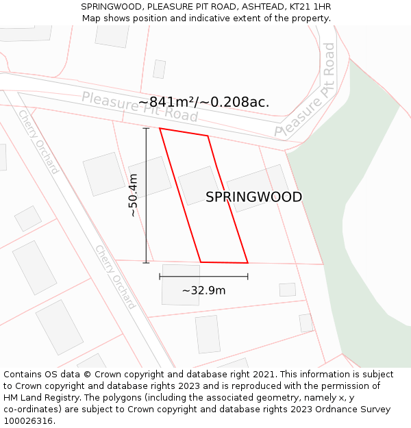 SPRINGWOOD, PLEASURE PIT ROAD, ASHTEAD, KT21 1HR: Plot and title map