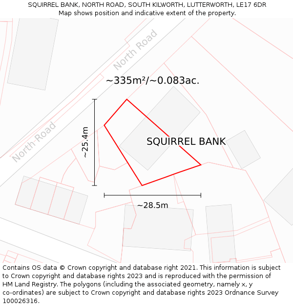 SQUIRREL BANK, NORTH ROAD, SOUTH KILWORTH, LUTTERWORTH, LE17 6DR: Plot and title map