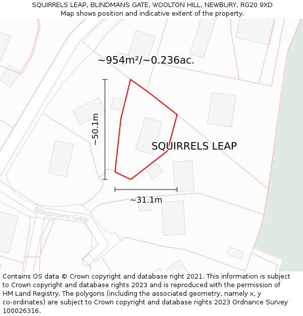 SQUIRRELS LEAP, BLINDMANS GATE, WOOLTON HILL, NEWBURY, RG20 9XD: Plot and title map