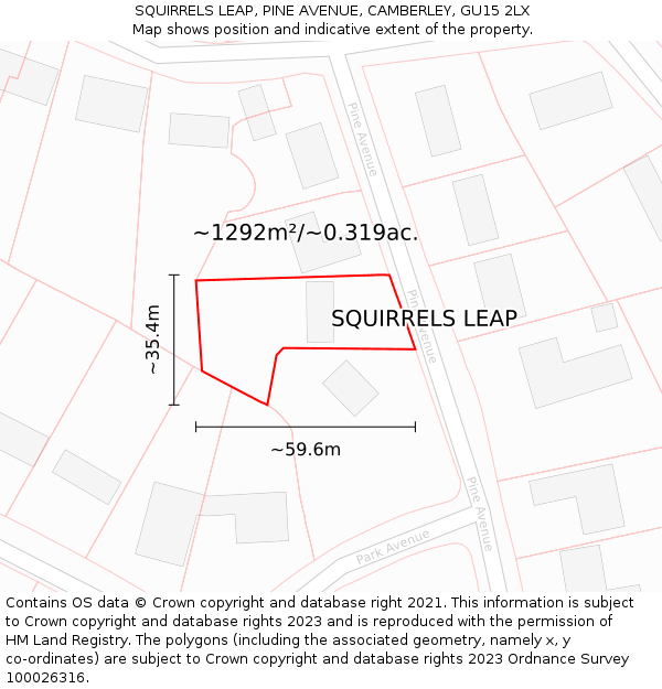 SQUIRRELS LEAP, PINE AVENUE, CAMBERLEY, GU15 2LX: Plot and title map