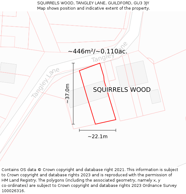 SQUIRRELS WOOD, TANGLEY LANE, GUILDFORD, GU3 3JY: Plot and title map