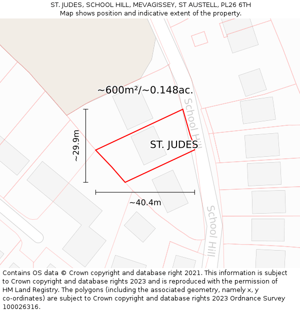 ST. JUDES, SCHOOL HILL, MEVAGISSEY, ST AUSTELL, PL26 6TH: Plot and title map