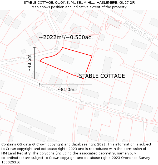 STABLE COTTAGE, QUOINS, MUSEUM HILL, HASLEMERE, GU27 2JR: Plot and title map