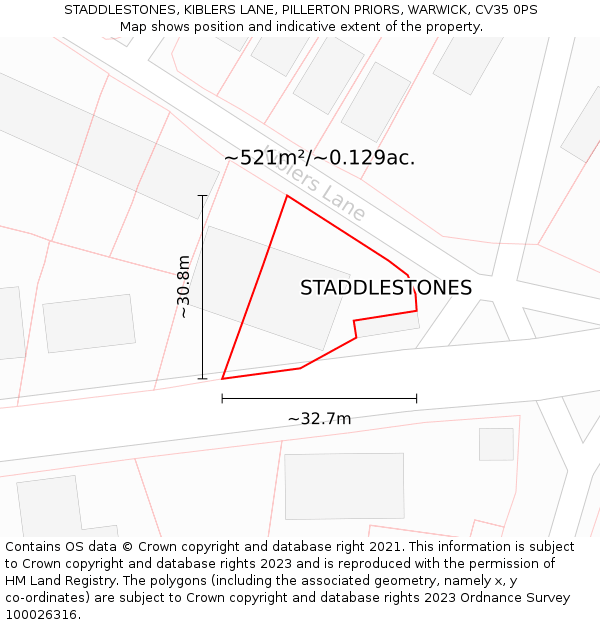 STADDLESTONES, KIBLERS LANE, PILLERTON PRIORS, WARWICK, CV35 0PS: Plot and title map