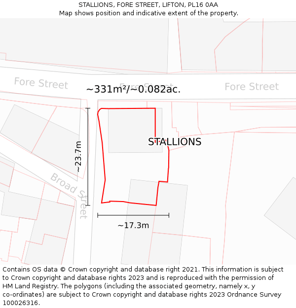 STALLIONS, FORE STREET, LIFTON, PL16 0AA: Plot and title map