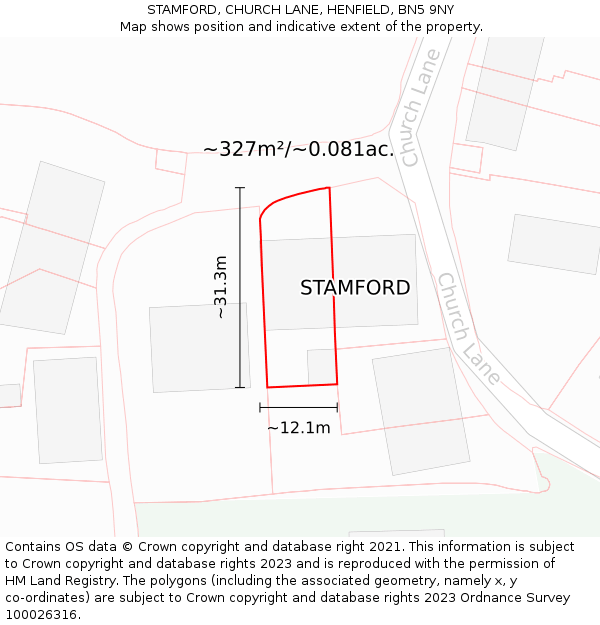 STAMFORD, CHURCH LANE, HENFIELD, BN5 9NY: Plot and title map