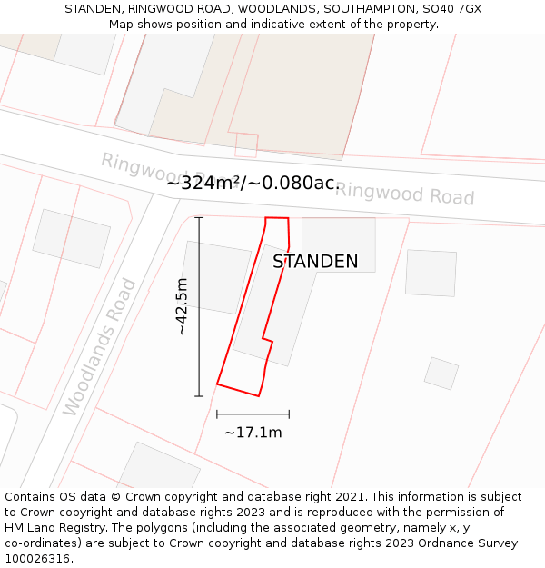 STANDEN, RINGWOOD ROAD, WOODLANDS, SOUTHAMPTON, SO40 7GX: Plot and title map