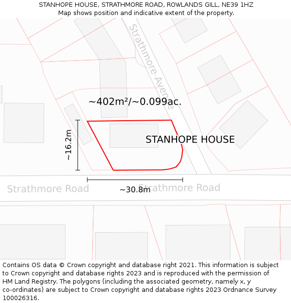 STANHOPE HOUSE, STRATHMORE ROAD, ROWLANDS GILL, NE39 1HZ: Plot and title map