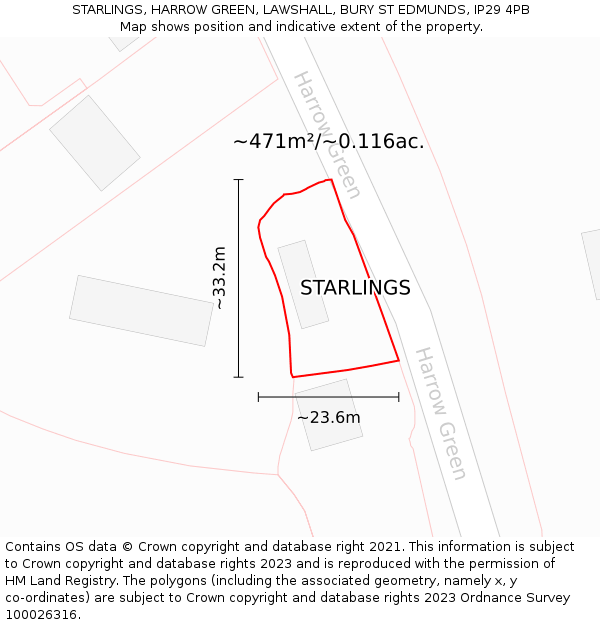 STARLINGS, HARROW GREEN, LAWSHALL, BURY ST EDMUNDS, IP29 4PB: Plot and title map