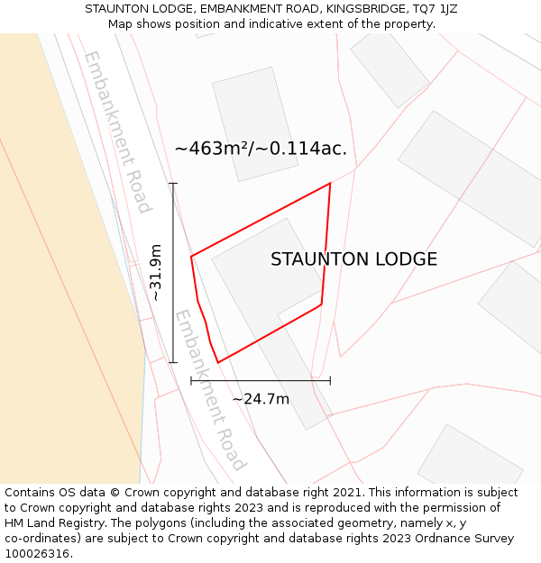 STAUNTON LODGE, EMBANKMENT ROAD, KINGSBRIDGE, TQ7 1JZ: Plot and title map
