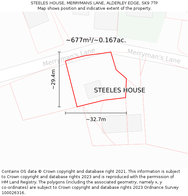 STEELES HOUSE, MERRYMANS LANE, ALDERLEY EDGE, SK9 7TP: Plot and title map