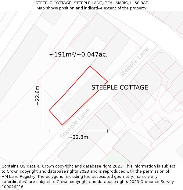 STEEPLE COTTAGE, STEEPLE LANE, BEAUMARIS, LL58 8AE: Plot and title map