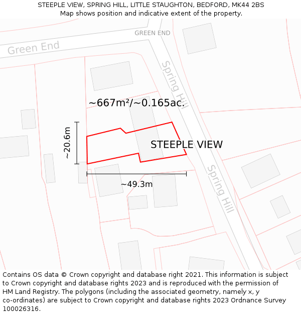 STEEPLE VIEW, SPRING HILL, LITTLE STAUGHTON, BEDFORD, MK44 2BS: Plot and title map