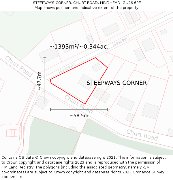 STEEPWAYS CORNER, CHURT ROAD, HINDHEAD, GU26 6PE: Plot and title map