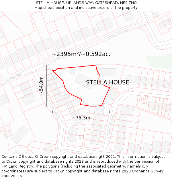 STELLA HOUSE, UPLANDS WAY, GATESHEAD, NE9 7NQ: Plot and title map