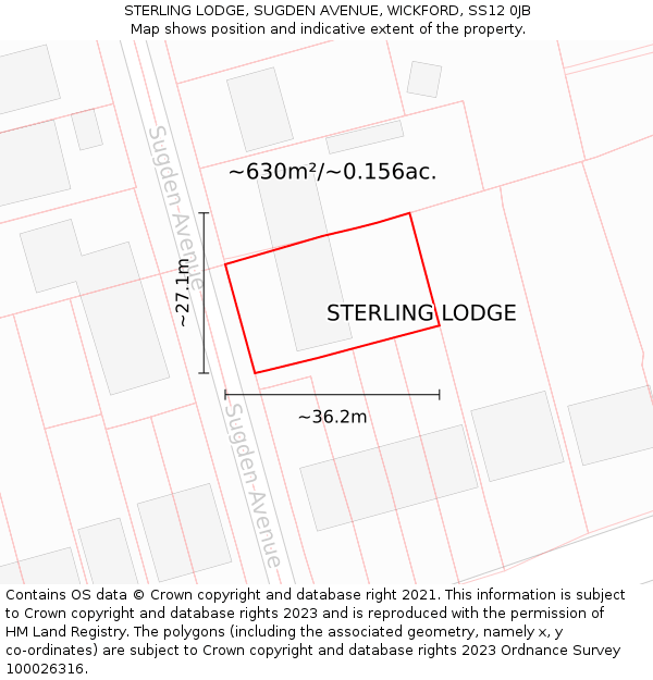 STERLING LODGE, SUGDEN AVENUE, WICKFORD, SS12 0JB: Plot and title map