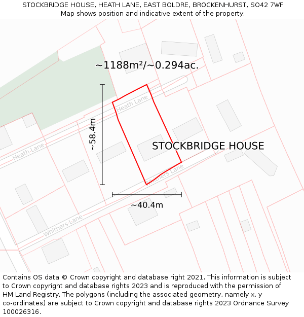 STOCKBRIDGE HOUSE, HEATH LANE, EAST BOLDRE, BROCKENHURST, SO42 7WF: Plot and title map